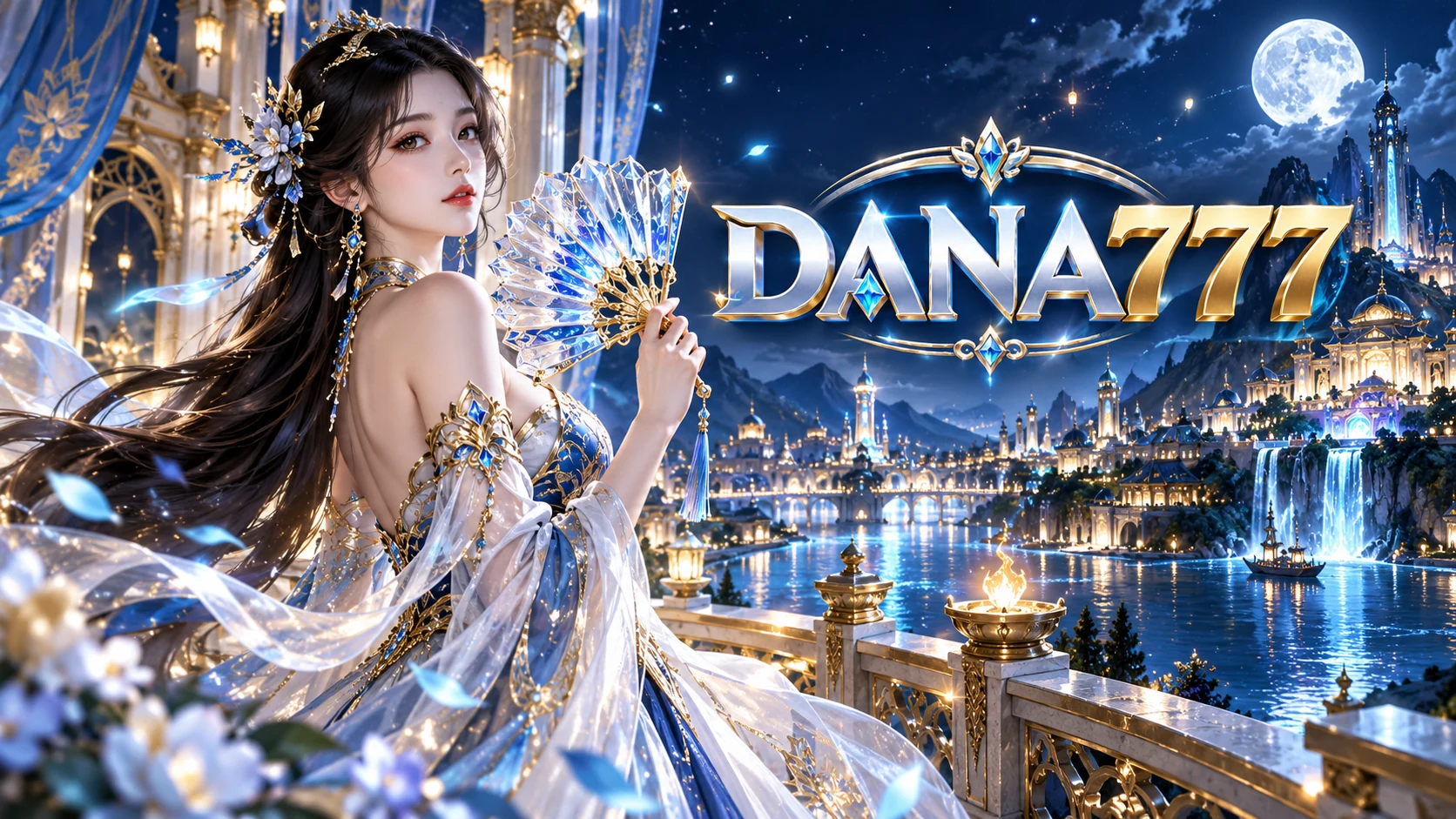 Banner DANA777 wanita dengan kipas kristal di istana fantasi